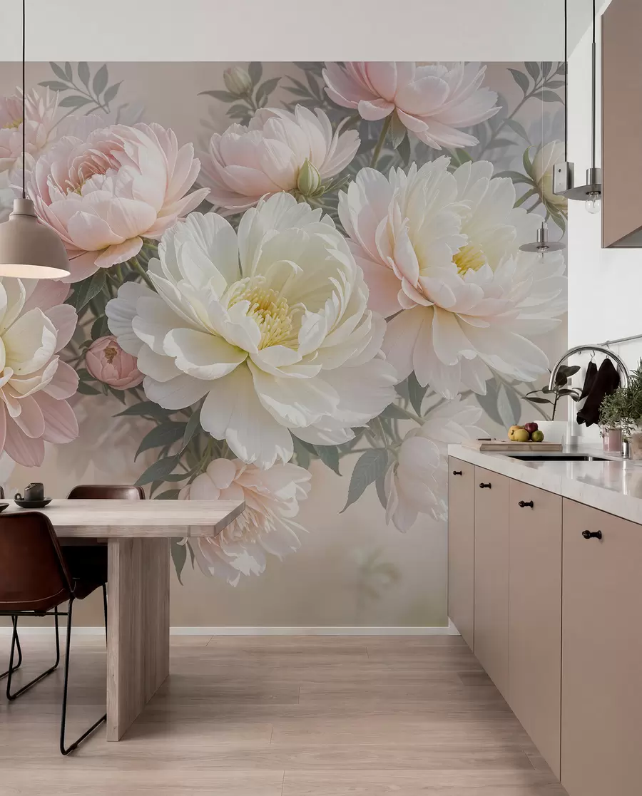 Fotobehang Een boeket weelderige, pastelkleurige pioenrozen en andere bloemen tegen een zachte, onscherpe achtergrond  w08276