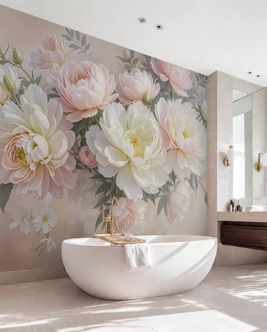 Fotobehang Een boeket weelderige, pastelkleurige pioenrozen en andere bloemen tegen een zachte, onscherpe achtergrond  w08276