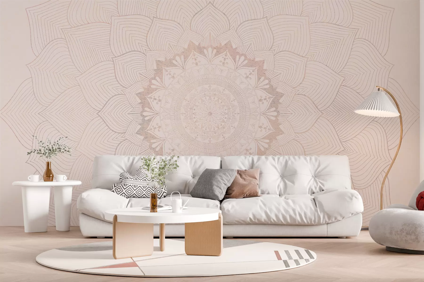 Fotobehang Ronde mandala, behang voor yogaruimte of om persoonlijke ruimte te harmoniseren. Muurmandala in warme pastelkleuren op een gestructureerde onregelmatige achtergrond w01088