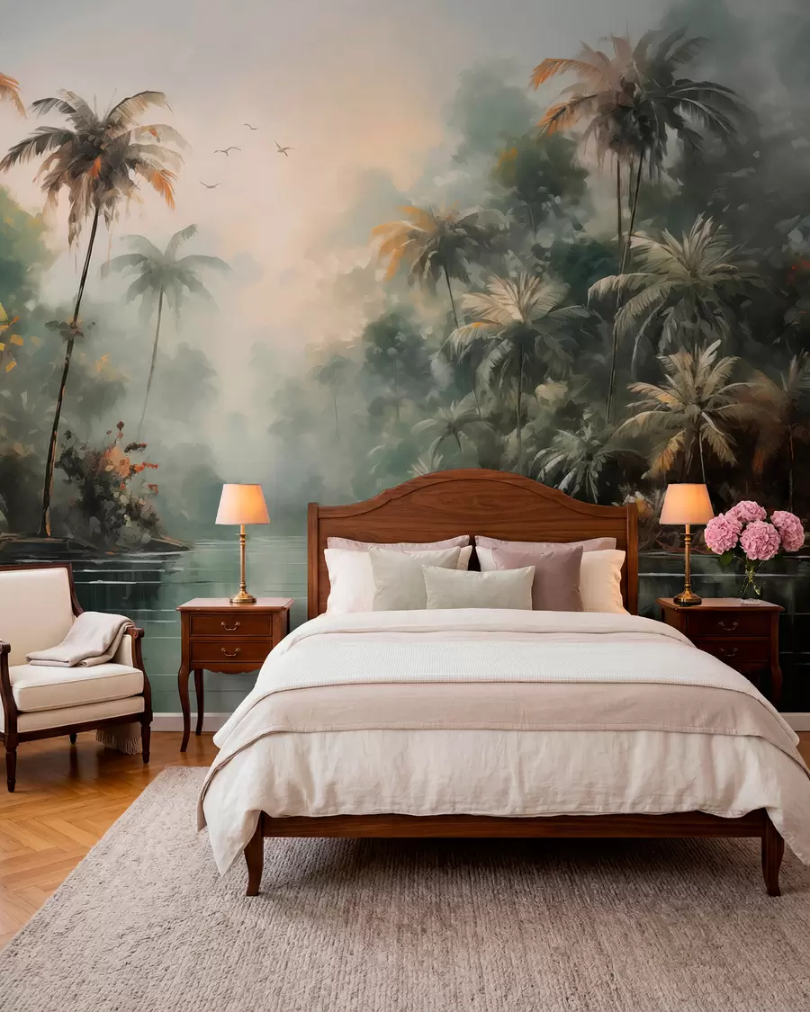Fotobehang Jungle bij de vijver, palmbomen, vegetatie w01613