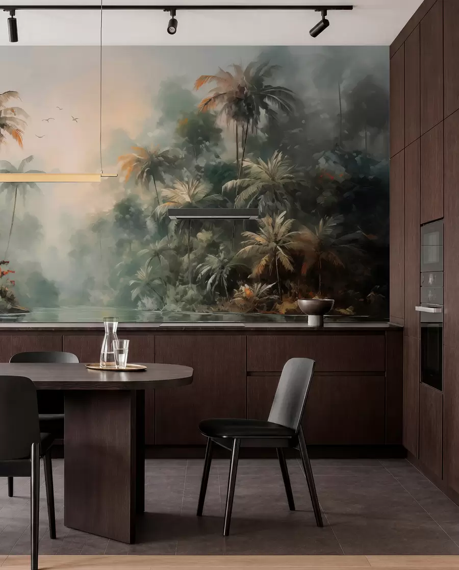 Fotobehang Jungle bij de vijver, palmbomen, vegetatie w01613