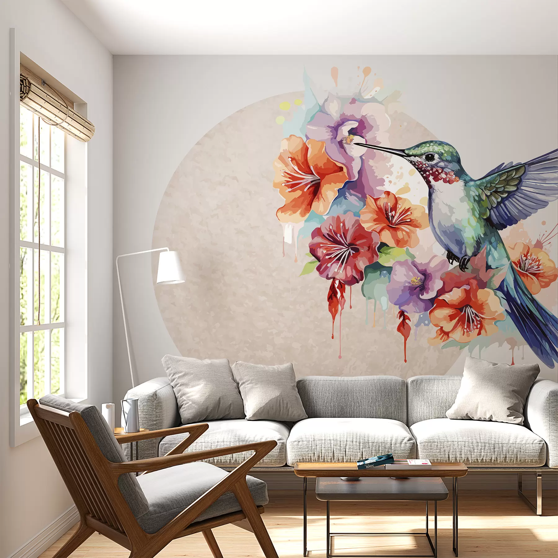 Fotobehang Kolibrie,bloemen,cirkel,beige w01528