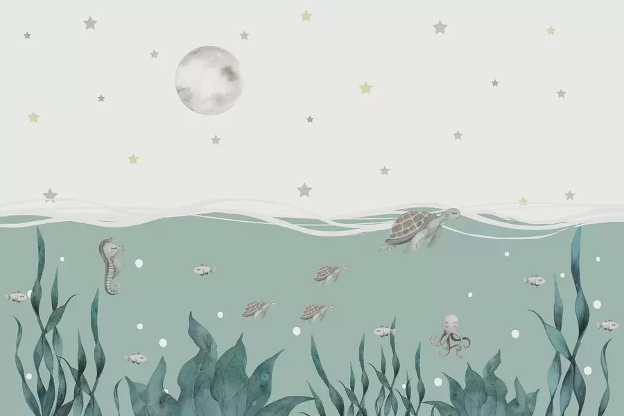 Fotobehang Zeemotief met schildpadden, zeepaardje, vissen en volle maan w01521
