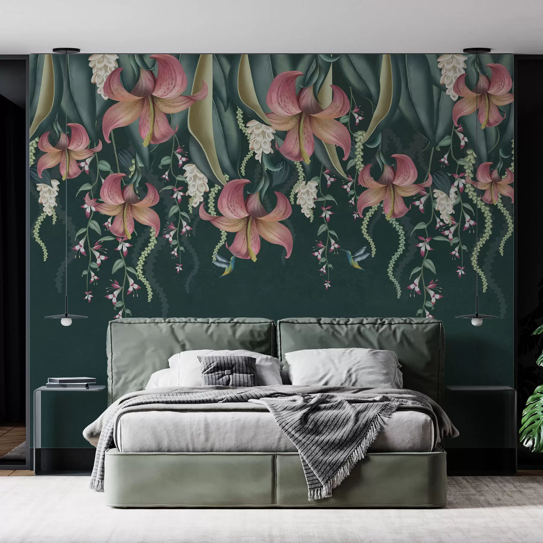 Fotobehang Delicaat botanisch motief met hangende lelies, bloemen en kolibries op een groene grunge muur w01523v3