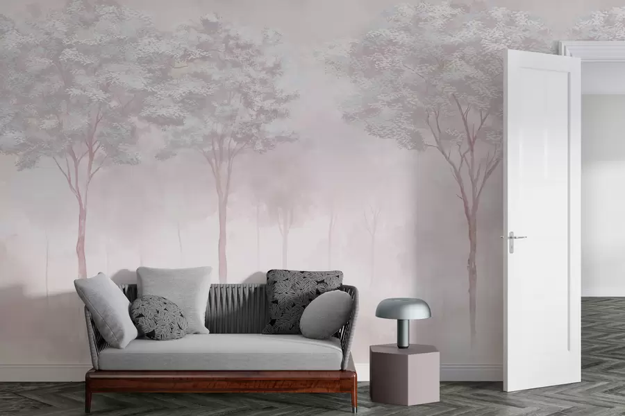 Fotobehang Mistig bos silhouet in zacht roze kleur w01599v1