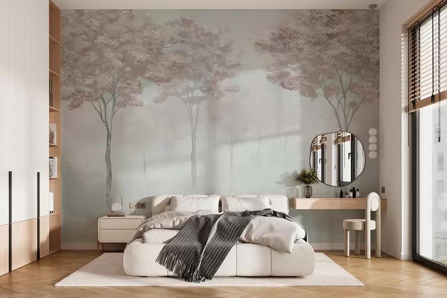 Fotobehang Mistig bos silhouet in roze en grijze kleuren w01599v4