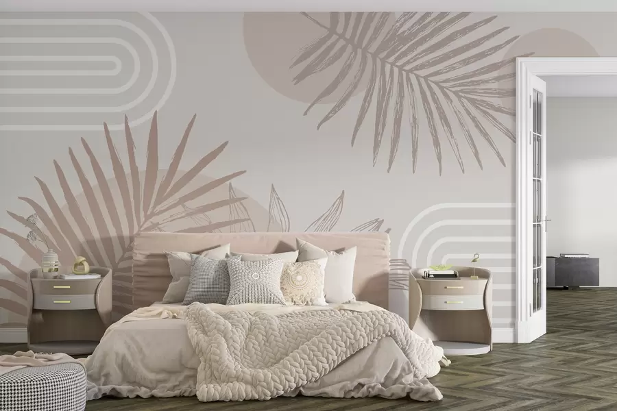 Fotobehang Geometrisch behang met palmbladeren in boho-stijl w01601