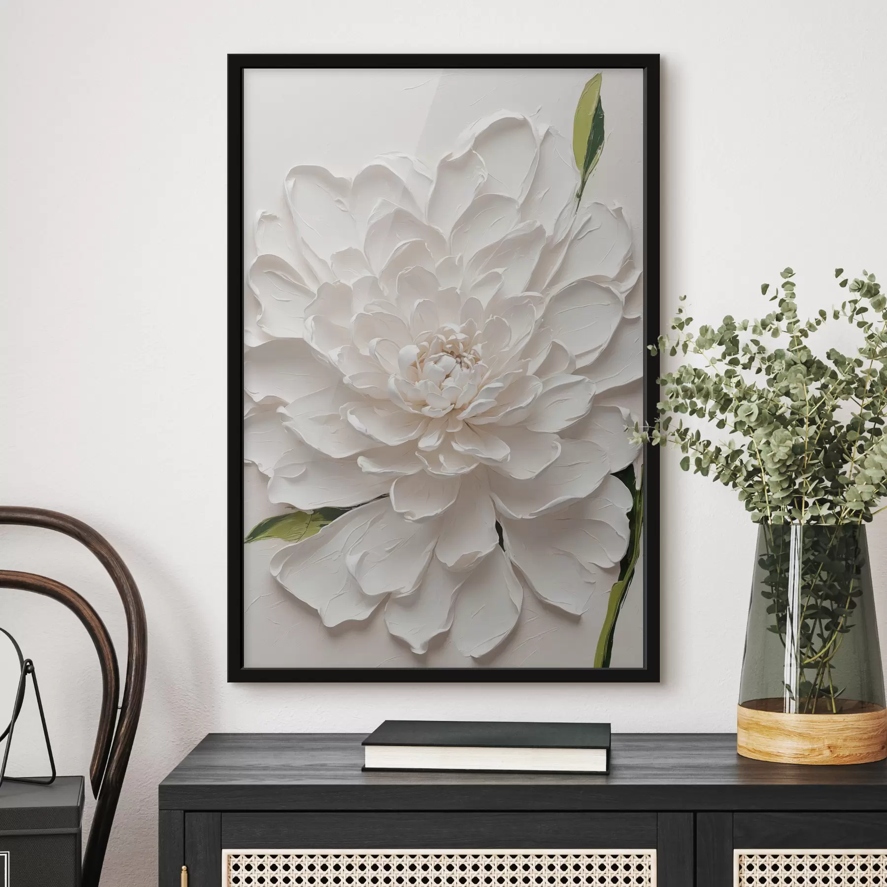 Fotobehang Witte bloem in olie met groene steel f40620