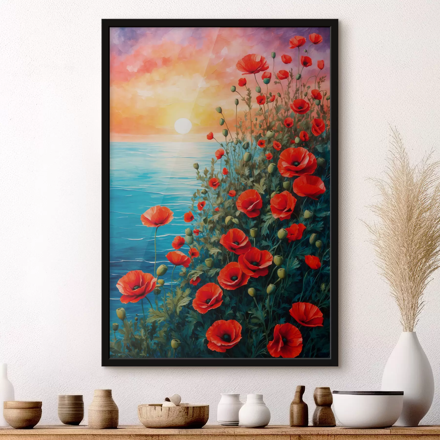 Fotobehang Bloeiende klaprozen op de zee achtergrond f40637