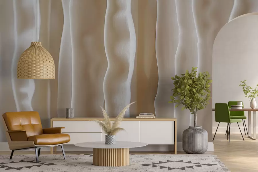 Fotobehang Abstracte scène gemaakt van organisch materiaal, gesneden 3D verticale strepen in beige kleur w01541