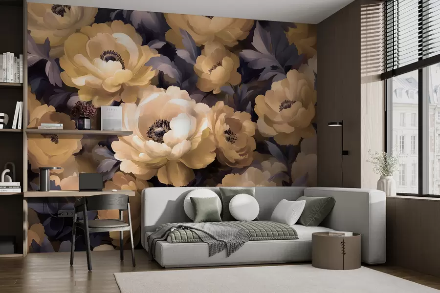 Fotobehang Florale olieverfschilderijstijl gebaseerd op beige en paarse kleuren w01581
