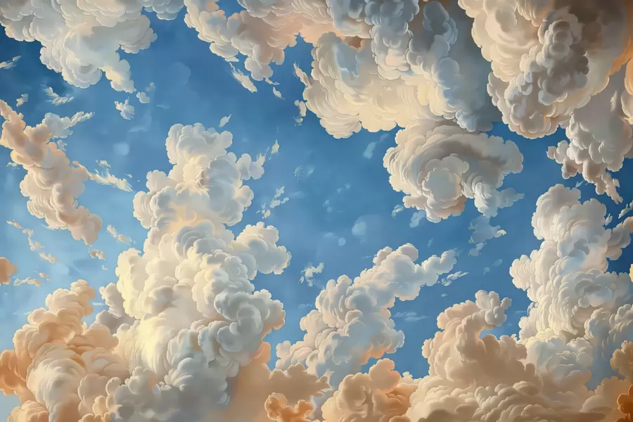 Fotobehang Uitwaaierende wolken in warme tinten van crème, zachte perzik en bleek tegen een diep, levendig blauwe lucht w01583