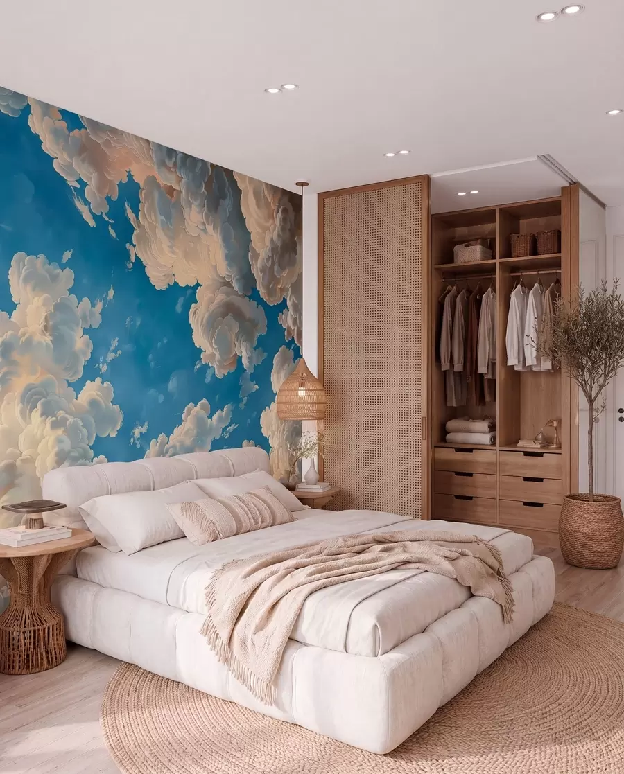 Fotobehang Uitwaaierende wolken in warme tinten van crème, zachte perzik en bleek tegen een diep, levendig blauwe lucht w01583