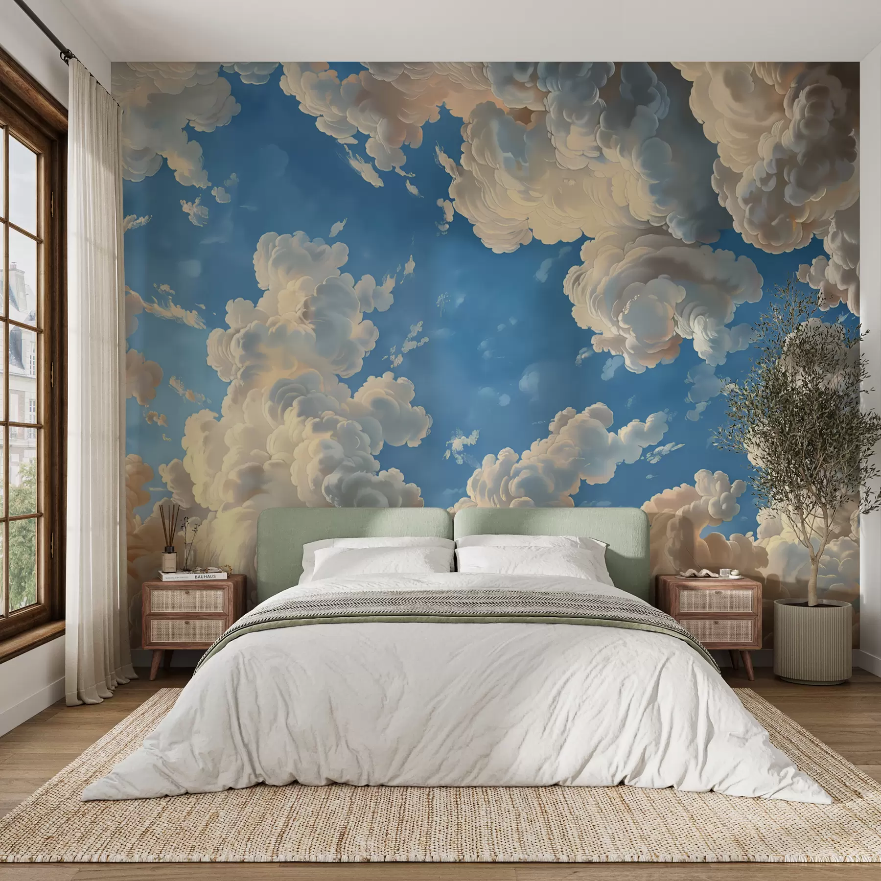 Fotobehang Uitwaaierende wolken in warme tinten van crème, zachte perzik en bleek tegen een diep, levendig blauwe lucht w01583
