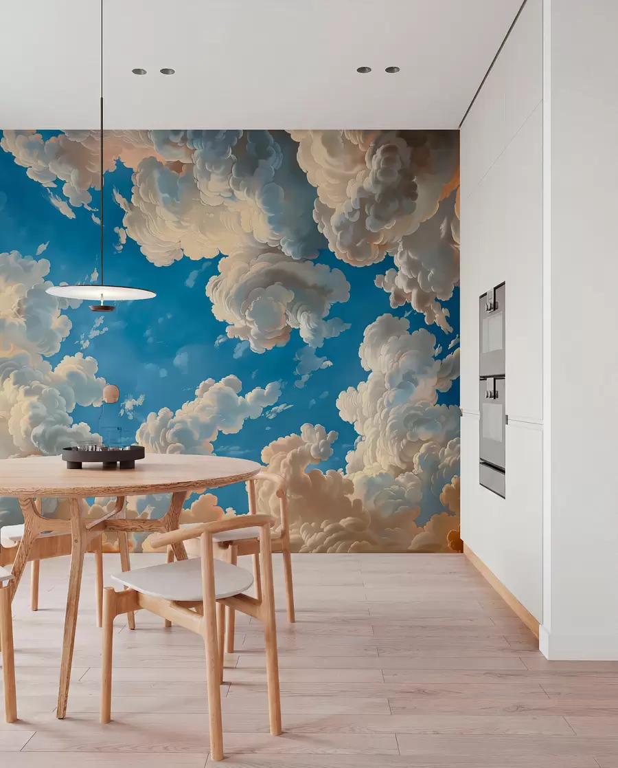Fotobehang Uitwaaierende wolken in warme tinten van crème, zachte perzik en bleek tegen een diep, levendig blauwe lucht w01583