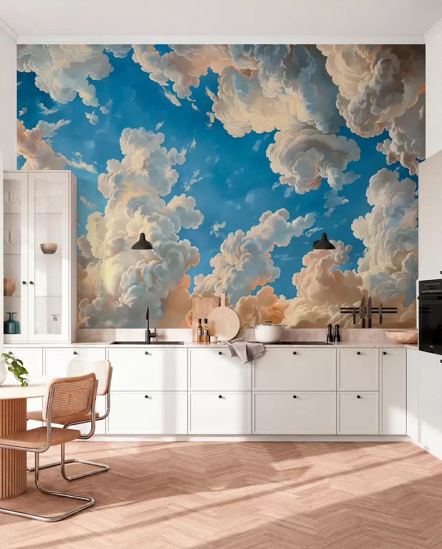 Fotobehang Uitwaaierende wolken in warme tinten van crème, zachte perzik en bleek tegen een diep, levendig blauwe lucht w01583