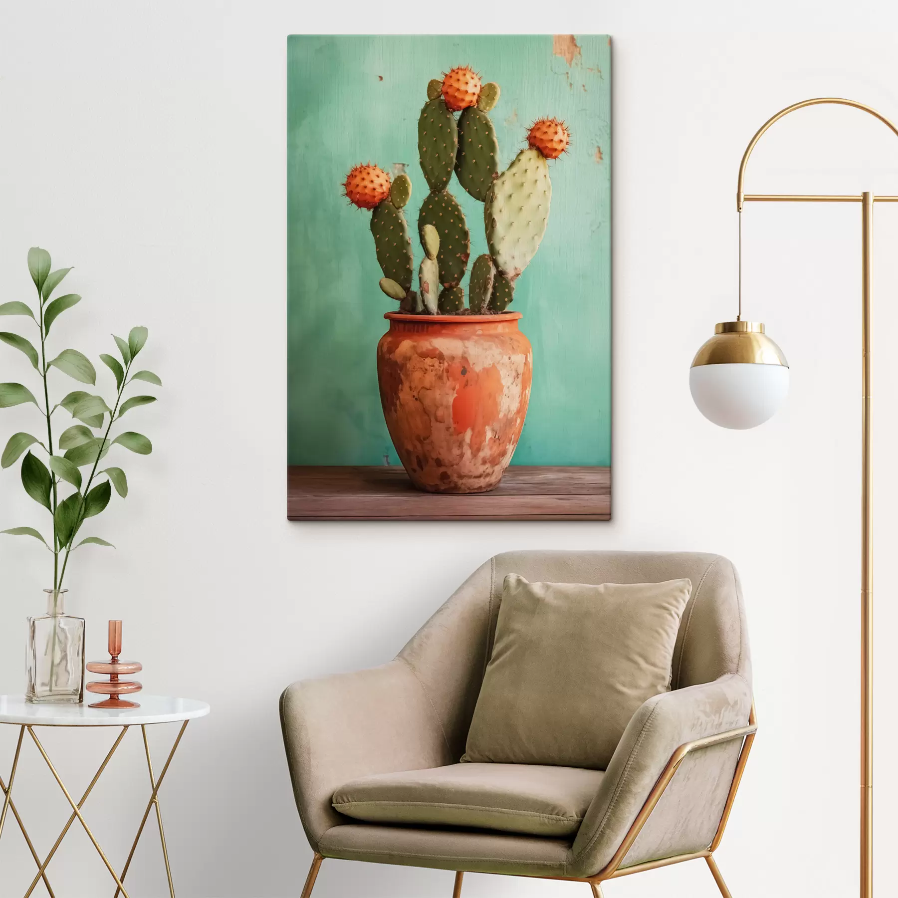 Fotobehang Cactus in een oude kleipot tegen een blauwgroene muur s40807