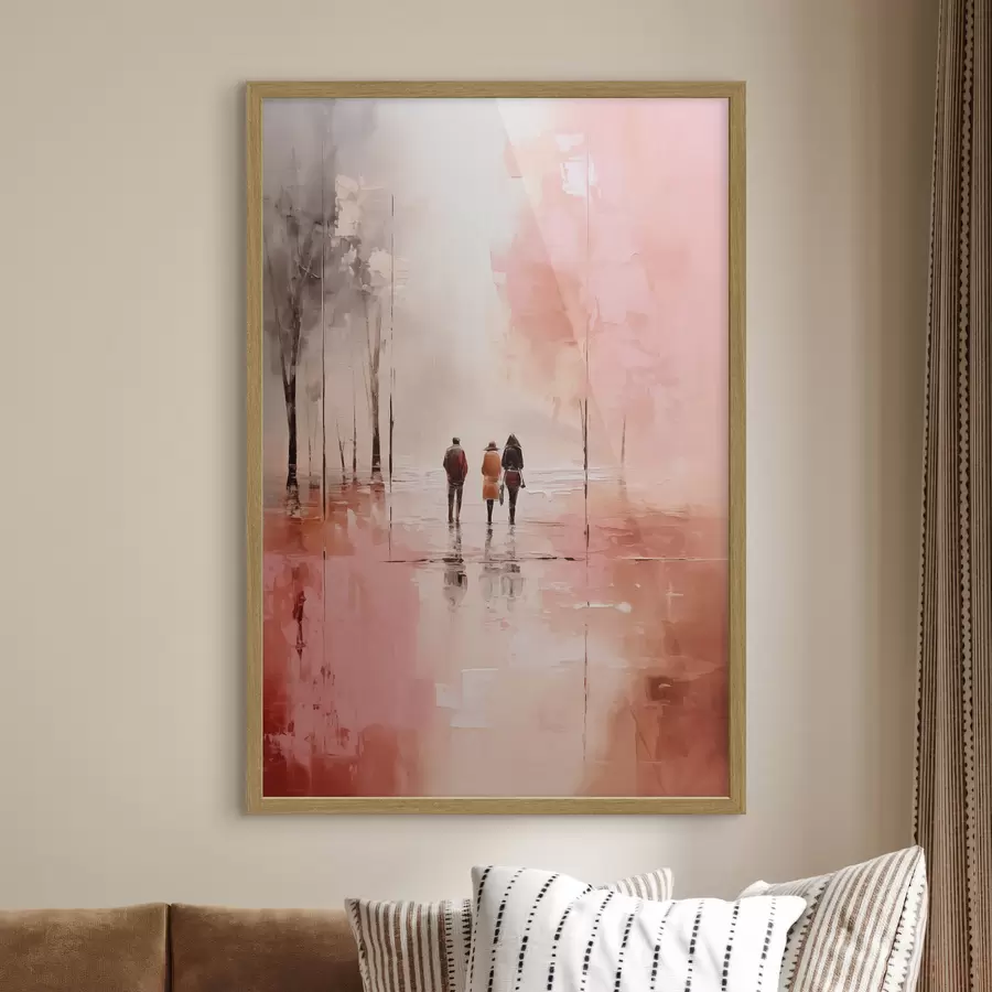 Fotobehang Mensen wandelen in het park abstract, roze rode kleur f40802