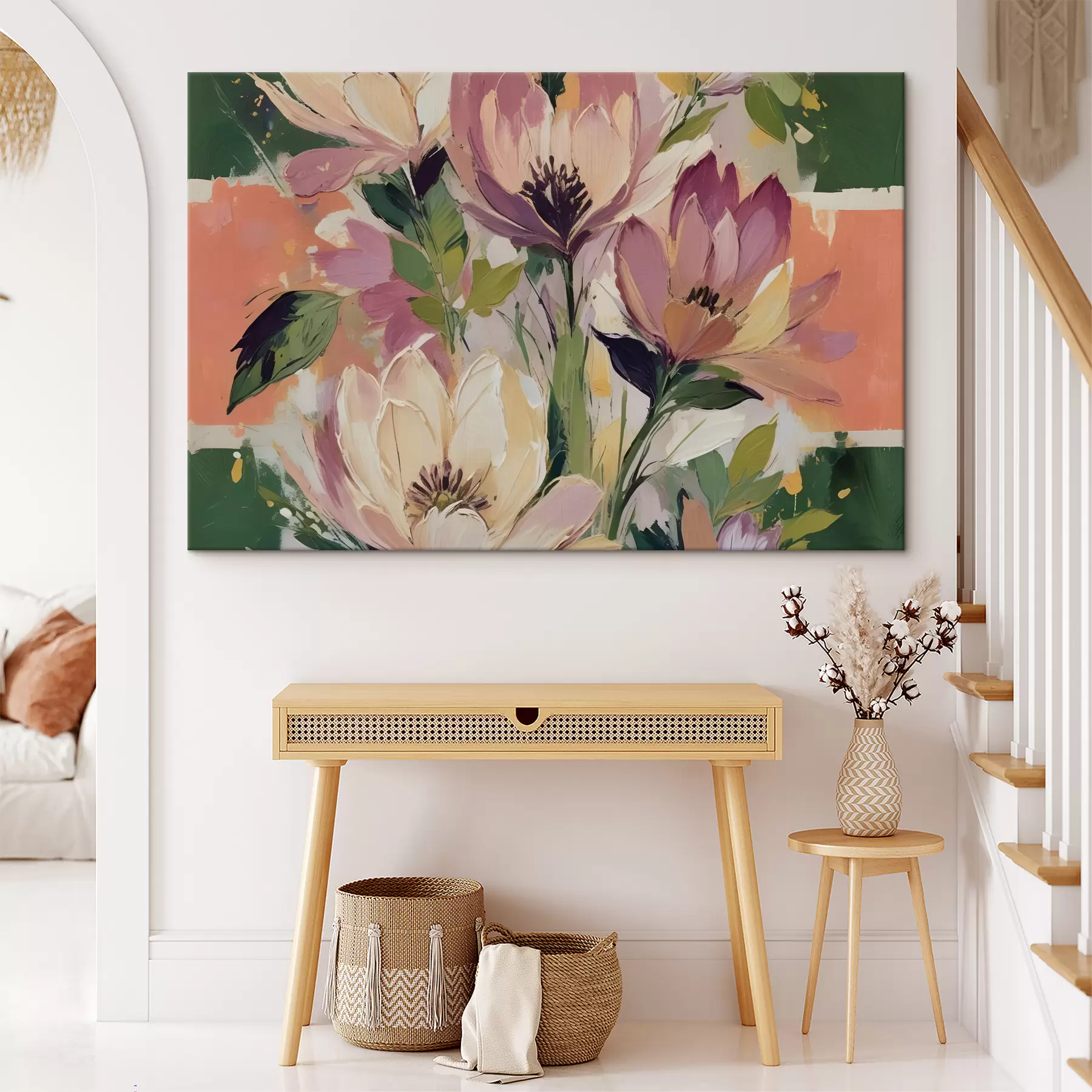 Fotobehang Een levendig bloemstuk met grote, kleurrijke bloemen in roze, perzik- en geeltinten s40609