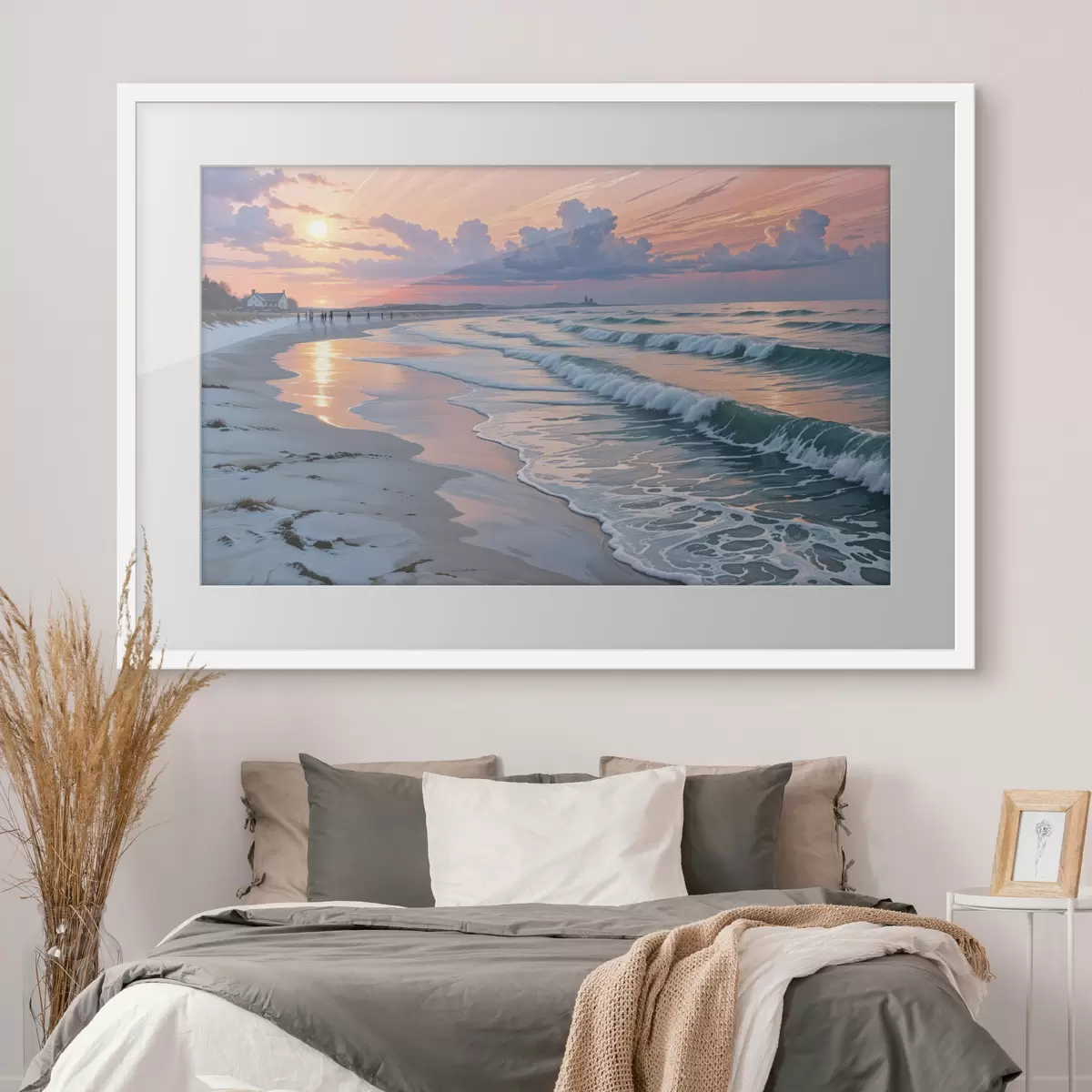 Poster Een serene strandscène bij zonsondergang, met zachte golven die tegen het zand kabbelen f40606