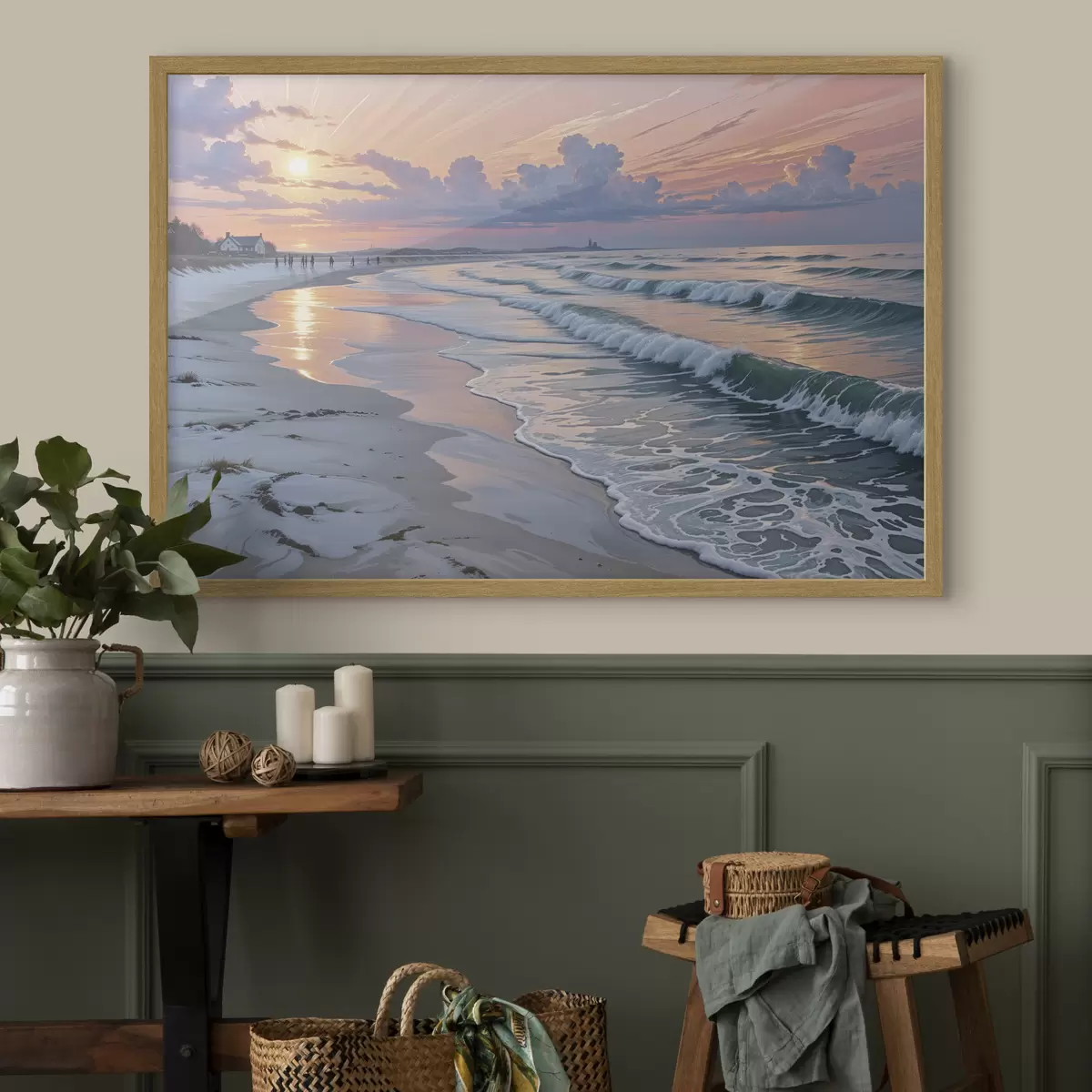 Poster Een serene strandscène bij zonsondergang, met zachte golven die tegen het zand kabbelen f40606
