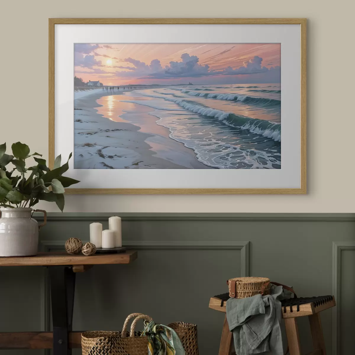 Poster Een serene strandscène bij zonsondergang, met zachte golven die tegen het zand kabbelen f40606