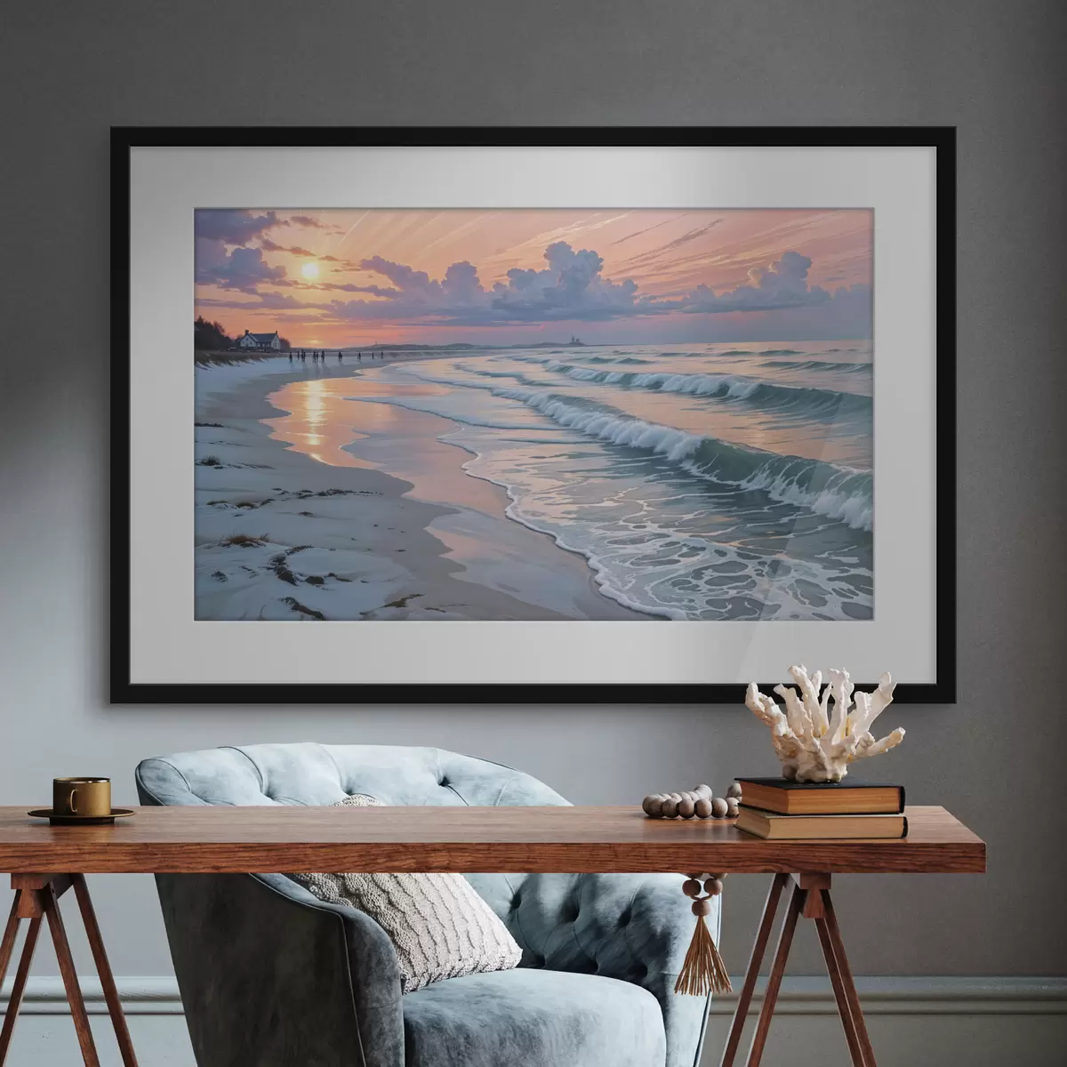 Poster Een serene strandscène bij zonsondergang, met zachte golven die tegen het zand kabbelen f40606