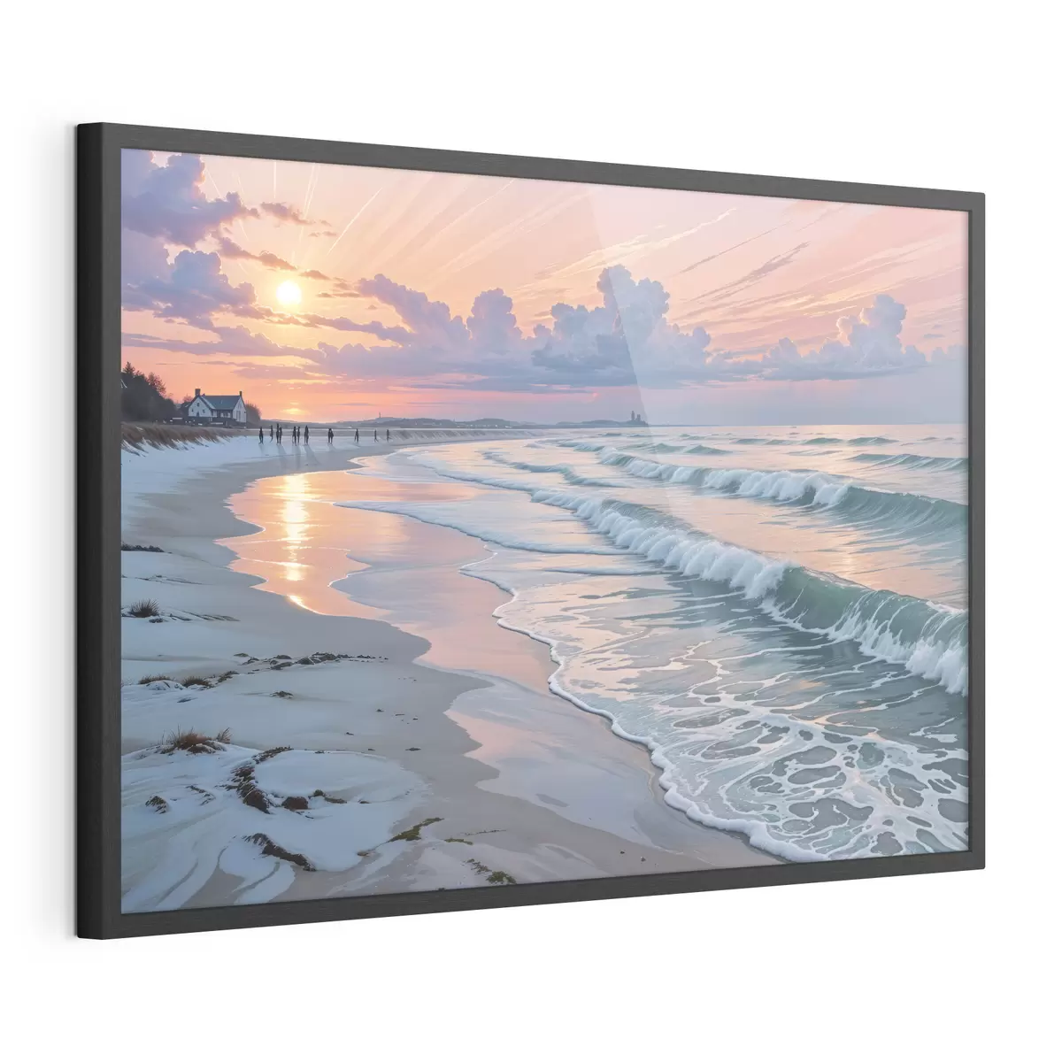 Poster Een serene strandscène bij zonsondergang, met zachte golven die tegen het zand kabbelen f40606