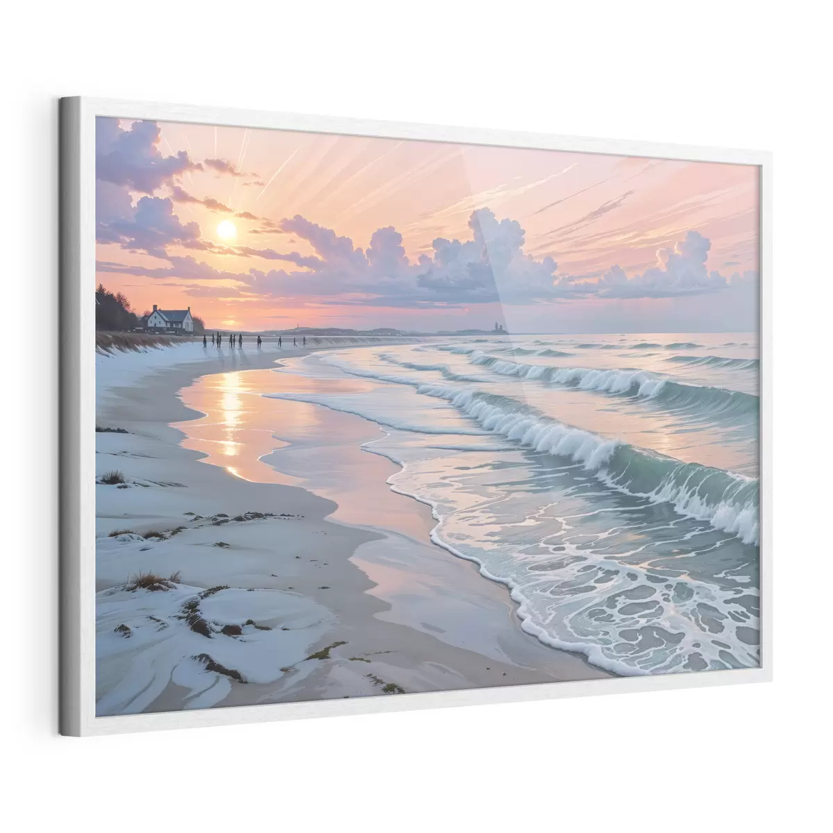 Poster Een serene strandscène bij zonsondergang, met zachte golven die tegen het zand kabbelen f40606