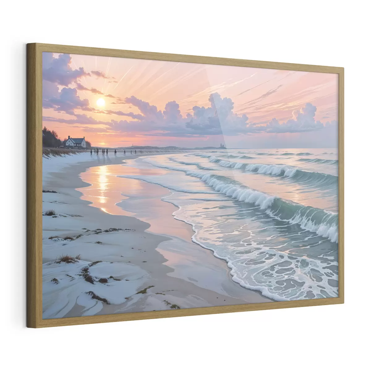 Poster Een serene strandscène bij zonsondergang, met zachte golven die tegen het zand kabbelen f40606