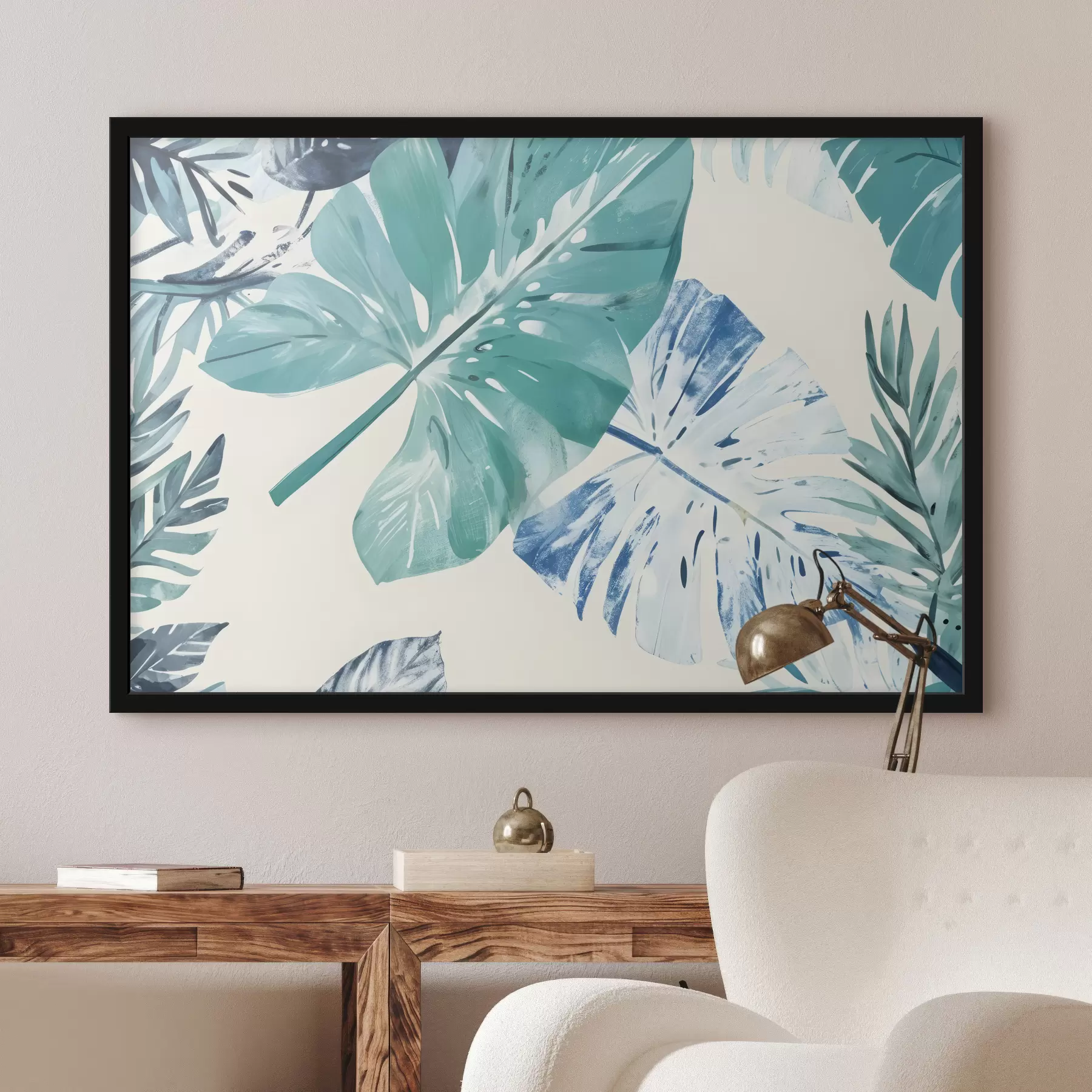  Schilderijen Kunstdruk met grote tropische bladeren in blauw- en groentinten tegen een lichte achtergrond f40608