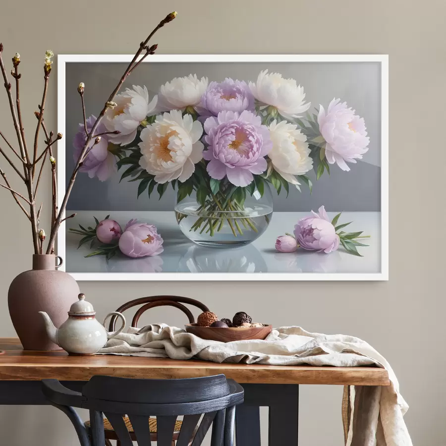 Fotobehang Een boeket van grote, weelderige witte en roze pioenbloemen in een glazen vaas op een grijze achtergrond f40610