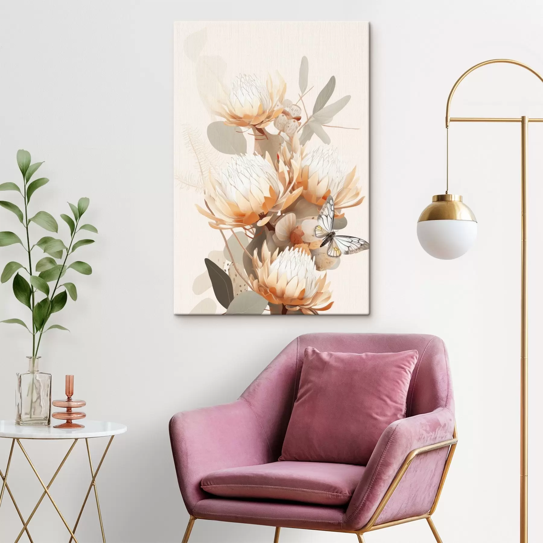  Schilderijen Prachtige protea bloemen met vlinder, zachte beige kleuren, katoen s40816