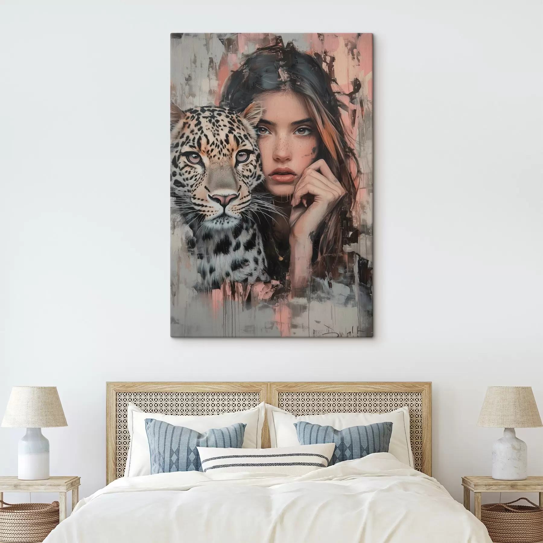  Schilderijen Meisje met luipaard, pop-art, realisme, levendige penseelstreken, acryl  s40821