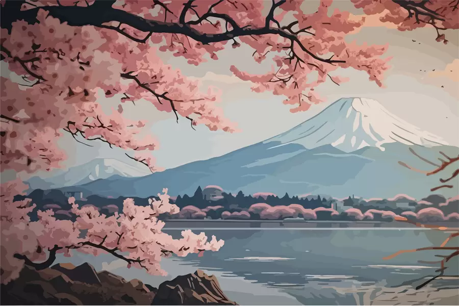 Fotobehang Sakura, bergen, aquarel w01664