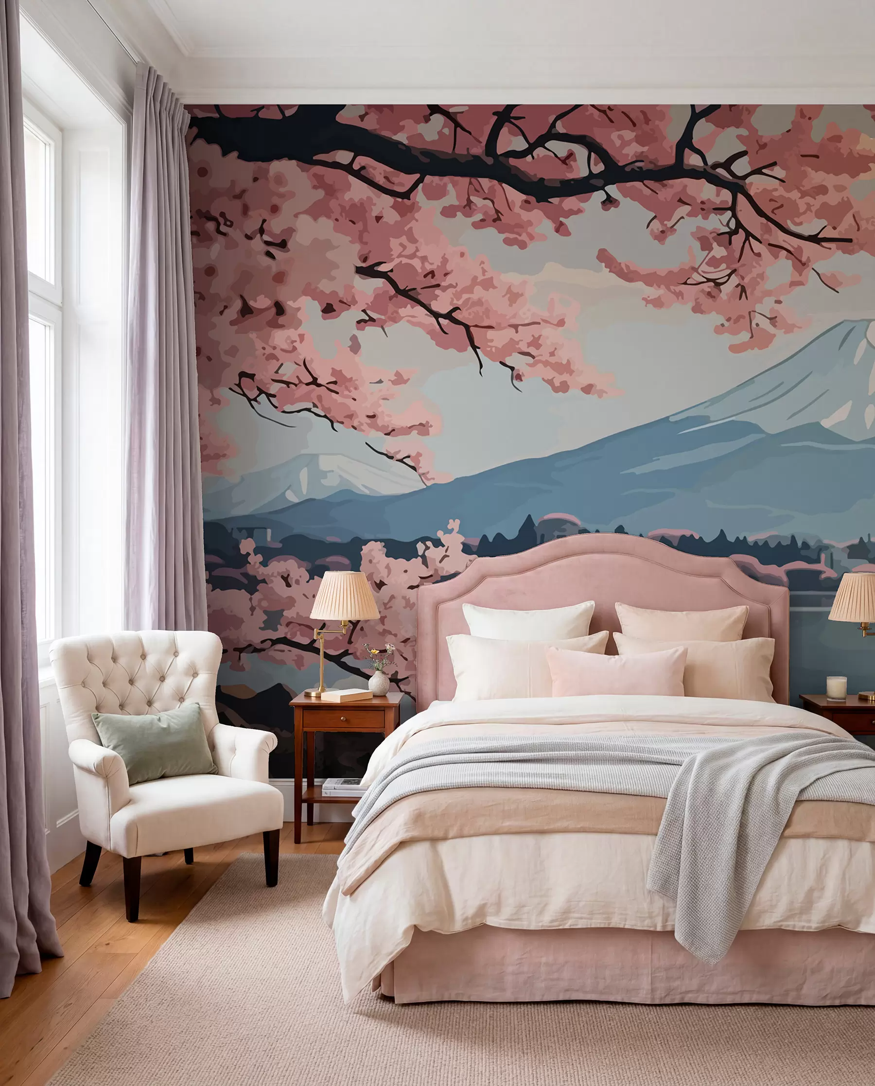 Fotobehang Sakura, bergen, aquarel w01664