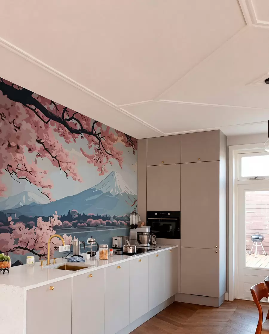 Fotobehang Sakura, bergen, aquarel w01664