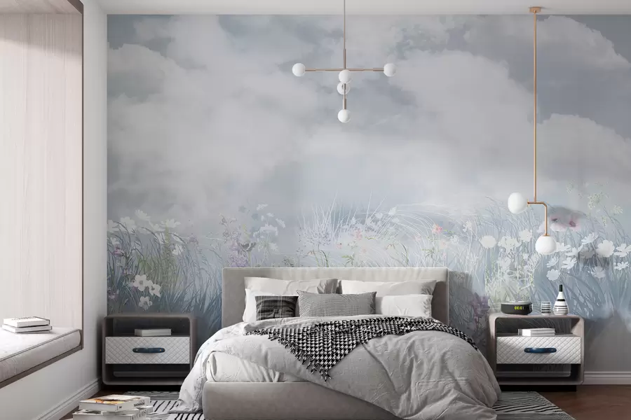 Fotobehang Wilde bloemen en grassen met balkanhemel en wolken w01624