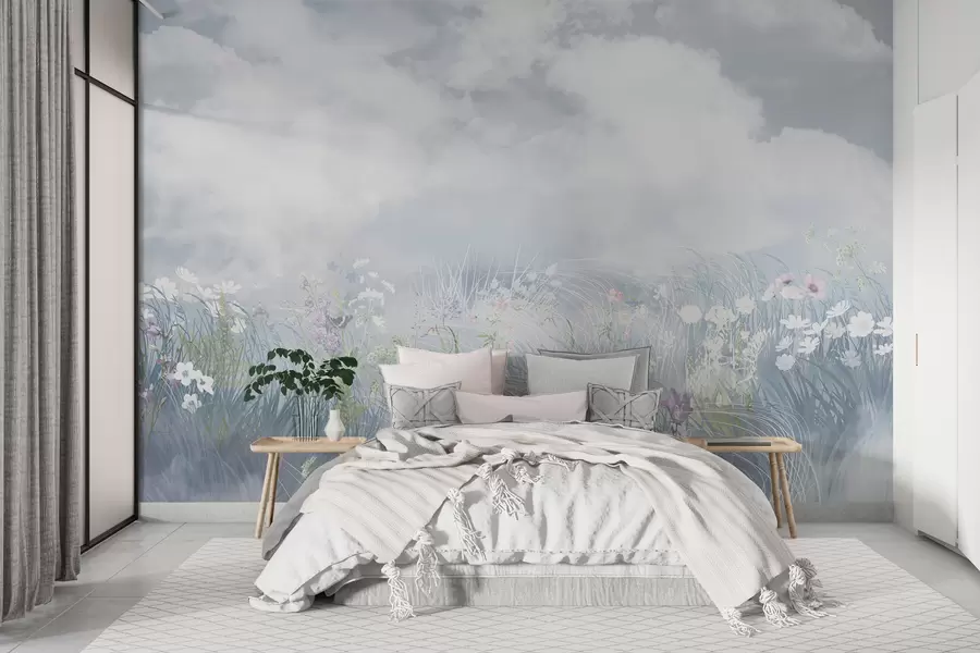 Fotobehang Wilde bloemen en grassen met balkanhemel en wolken w01624