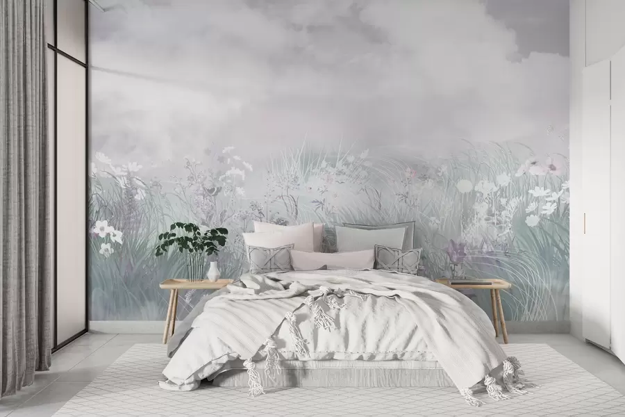 Fotobehang Wilde bloemen en grassen met roze lucht en wolken w01624v1