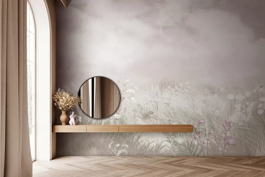 Fotobehang Wilde bloemen en grassen met lichtroze lucht en wolken w01624v4
