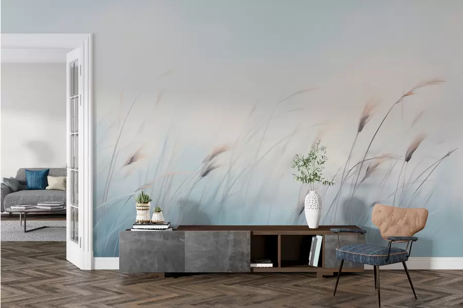 Fotobehang Delicate veldgrassen op een blauwe achtergrond w01643