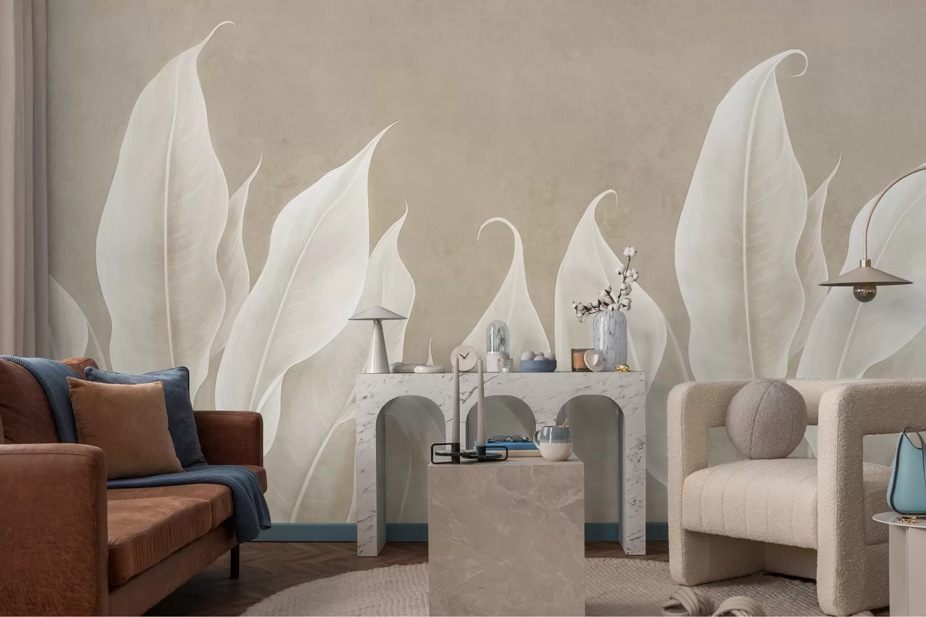 Fotobehang grote witte bladeren op een beige achtergrond w01679