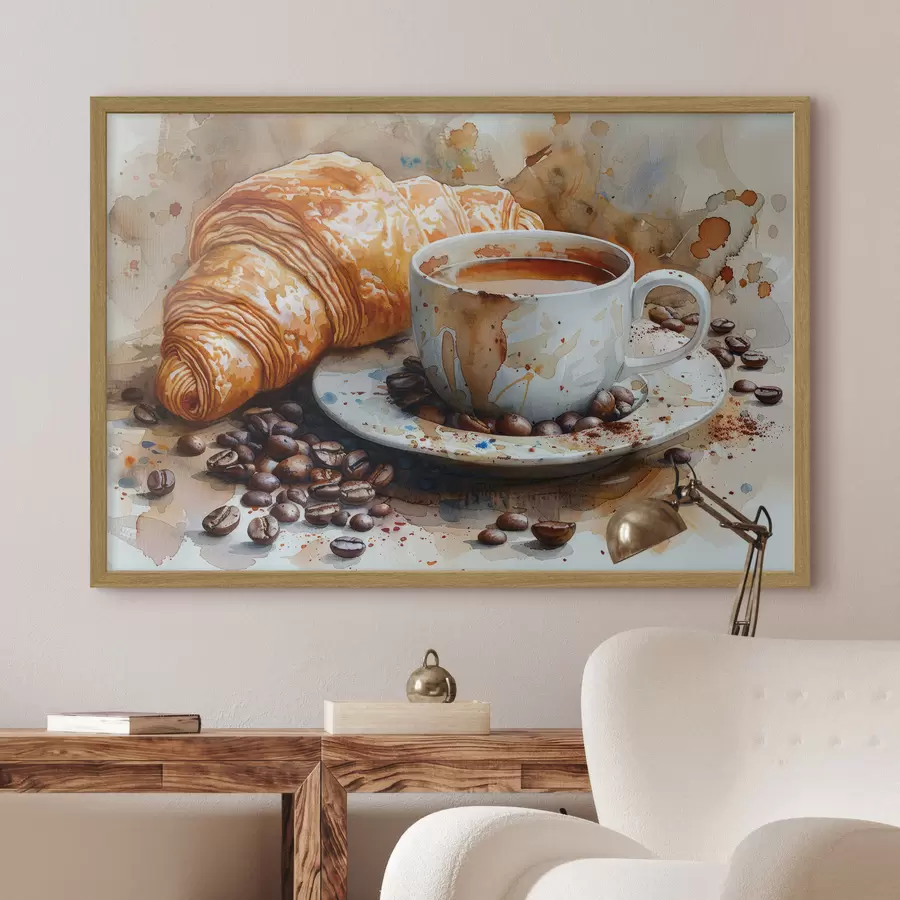 Fotobehang Croissant, ochtend, croissant en kop koffie, aquarel f40782