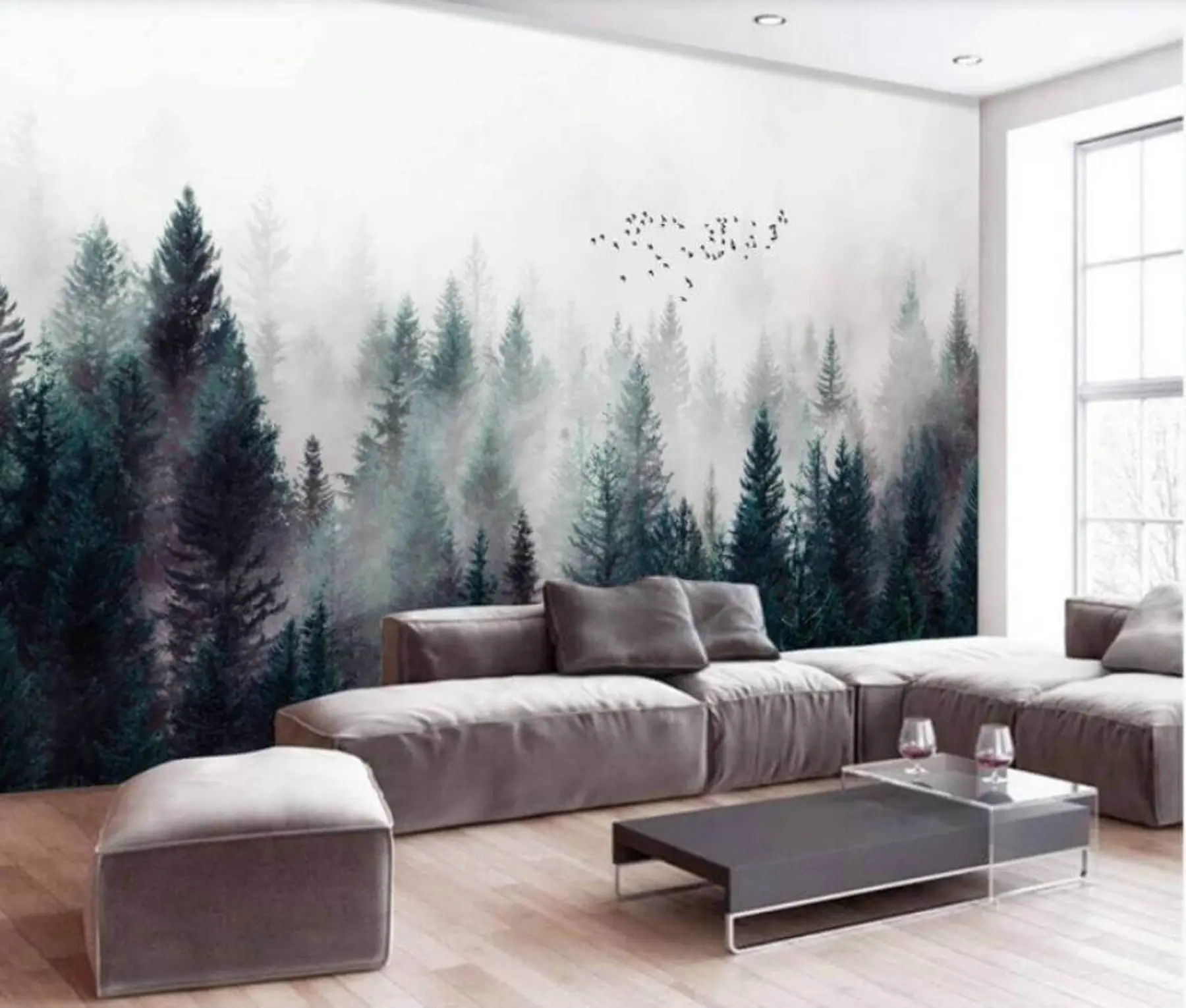 Fotobehang Vliegende vogels over het mistige bos u28636