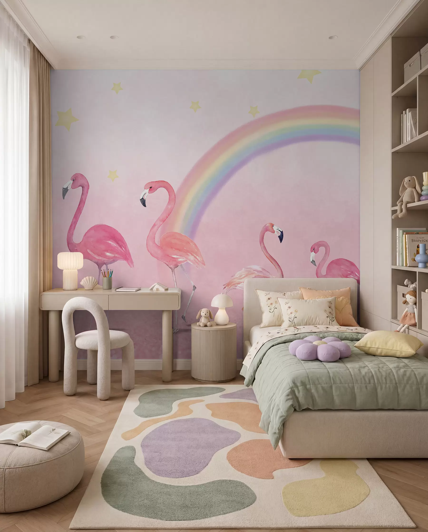 Fotobehang Vogel, regenboog en grotere flamingo u29070