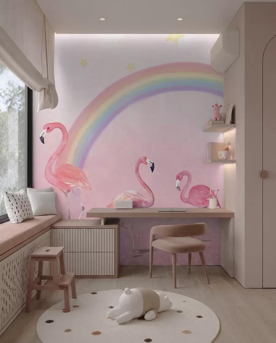 Fotobehang Vogel, regenboog en grotere flamingo u29070