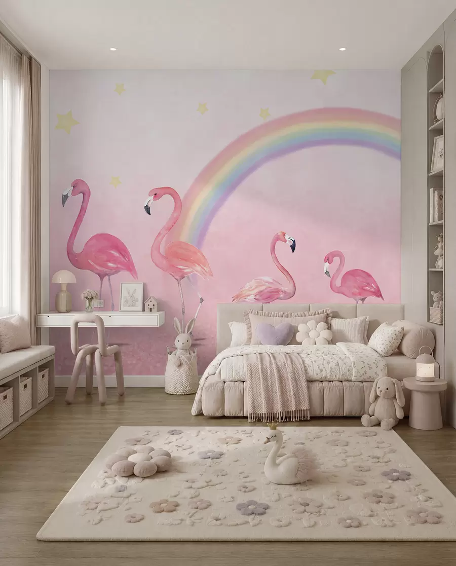 Fotobehang Vogel, regenboog en grotere flamingo u29070