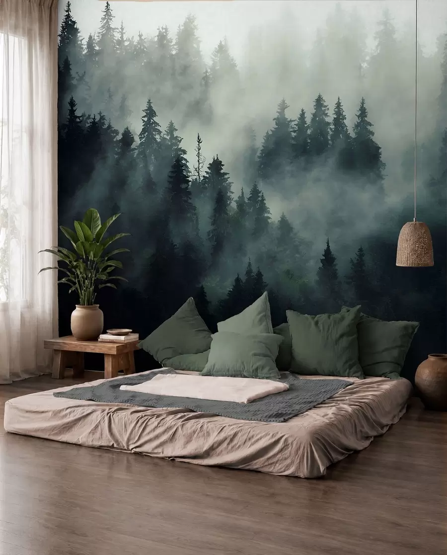 Fotobehang Mistige ochtend, bos u36439