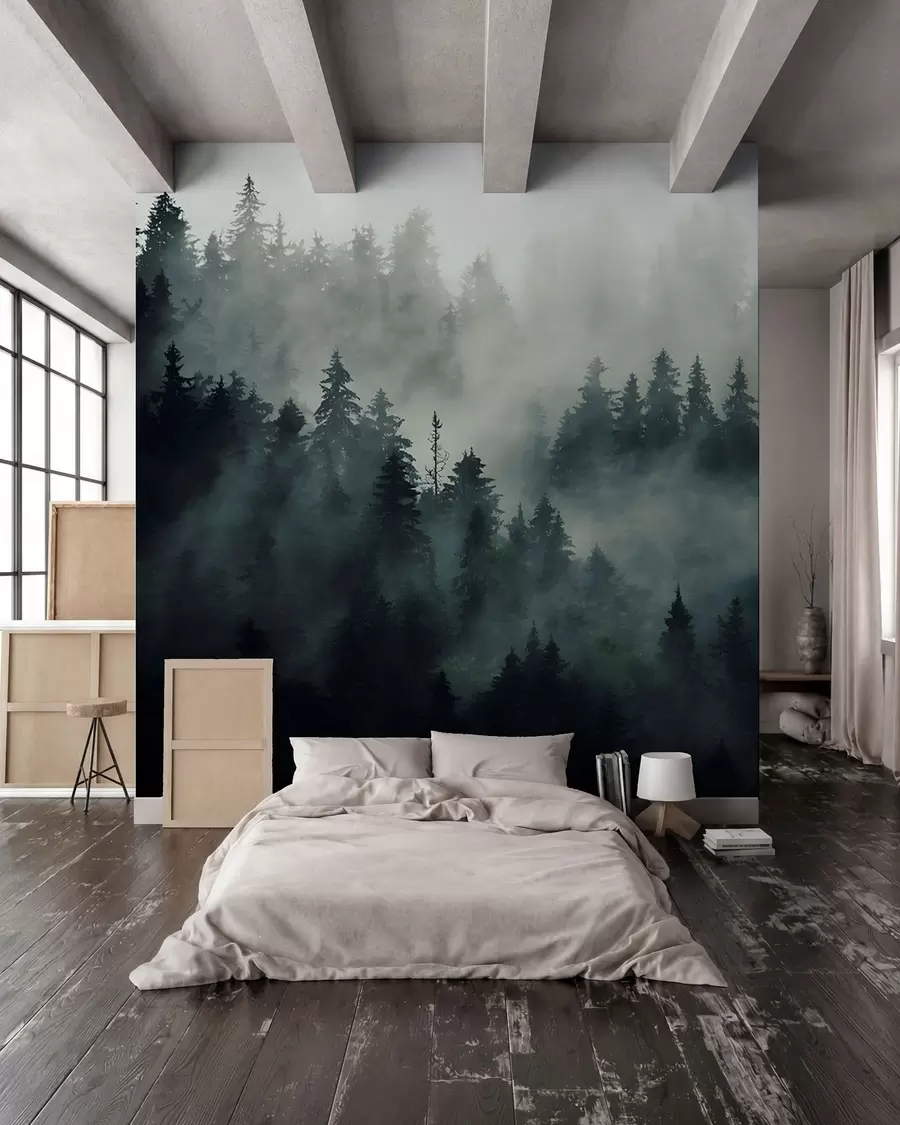Fotobehang Mistige ochtend, bos u36439